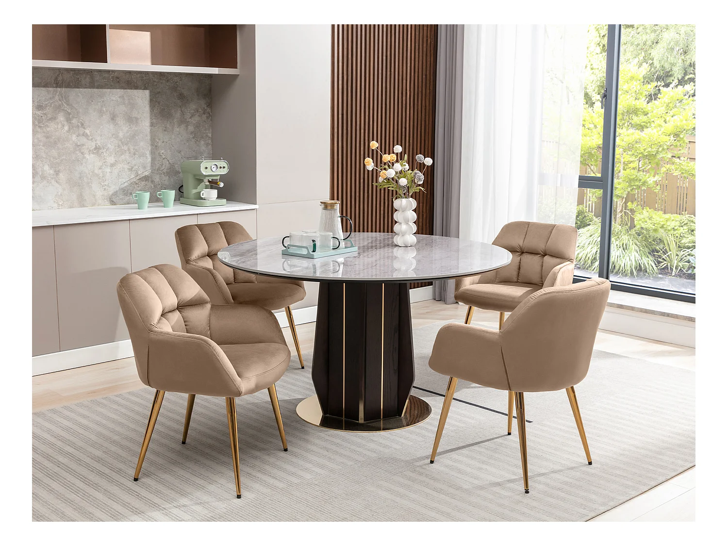 Sedia con braccioli Velluto e Metallo Dorato Beige - Lotto di 6 - PEGA