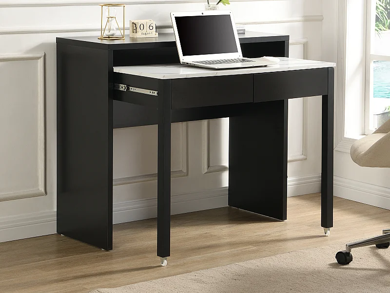 Secretária consola extensível com 2 gavetas preto e efeito mármore branco - LOAVIA