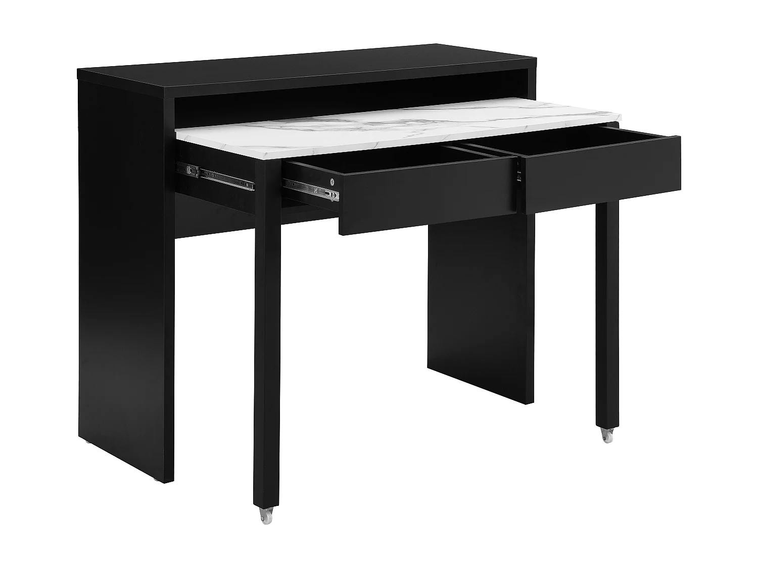 Bureau console extensible avec 2 tiroirs - Noir et effet marbre blanc - LOAVIA