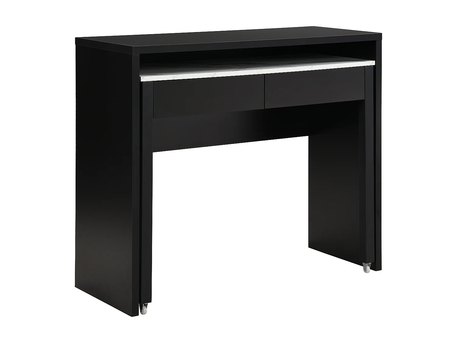 Bureau console extensible avec 2 tiroirs - Noir et effet marbre blanc - LOAVIA