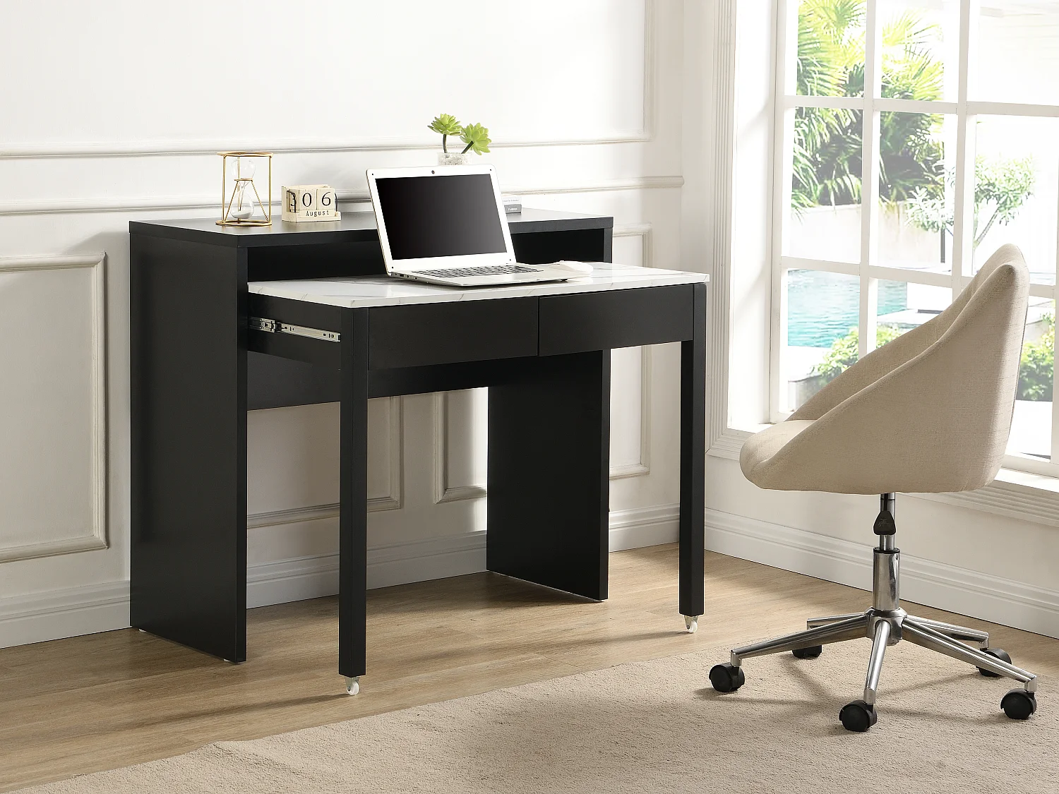 Bureau console extensible avec 2 tiroirs - Noir et effet marbre blanc - LOAVIA