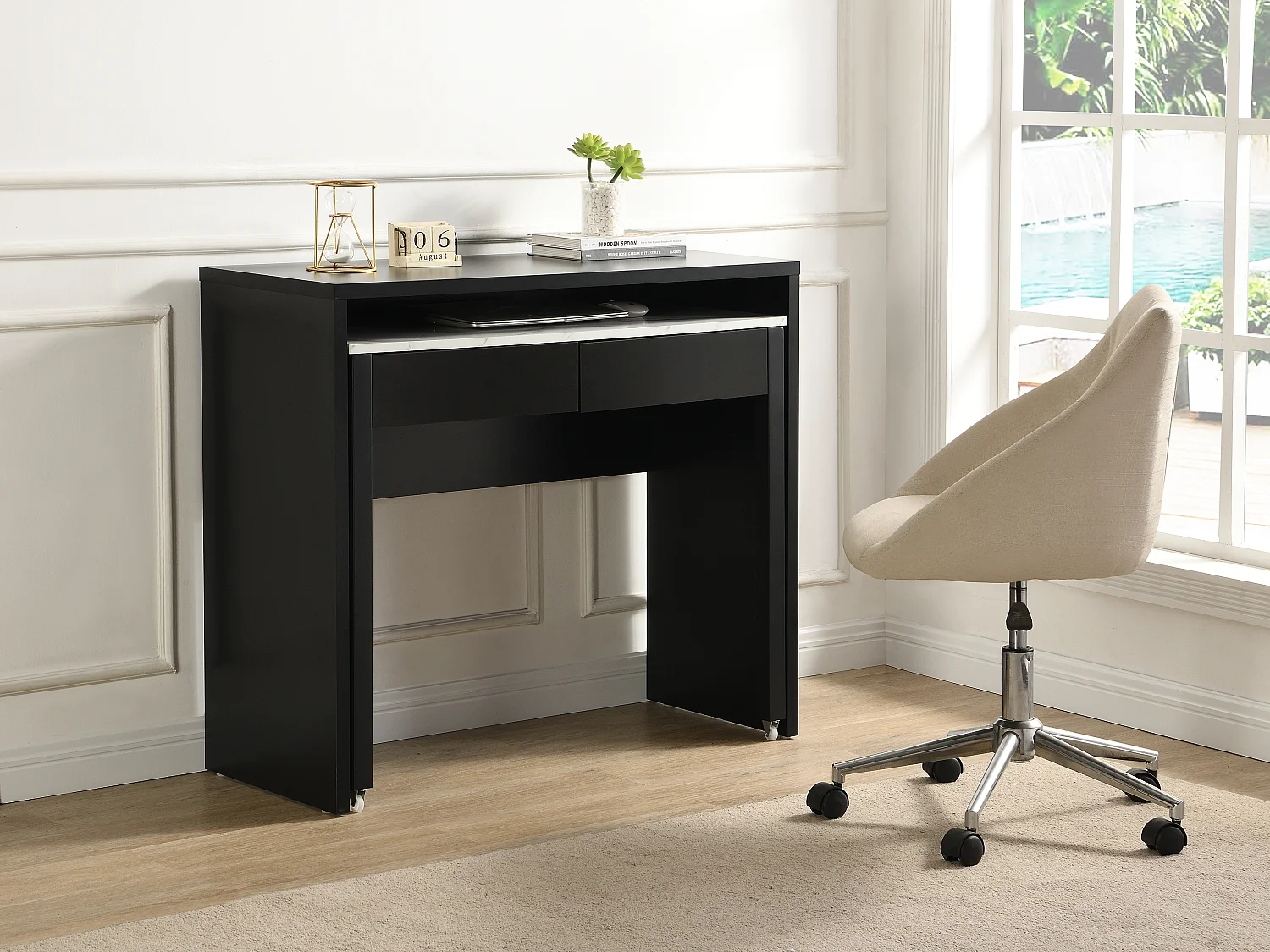 Escritorio consola extensible con 2 cajones - Negro y efecto mármol blanco - LOAVIA