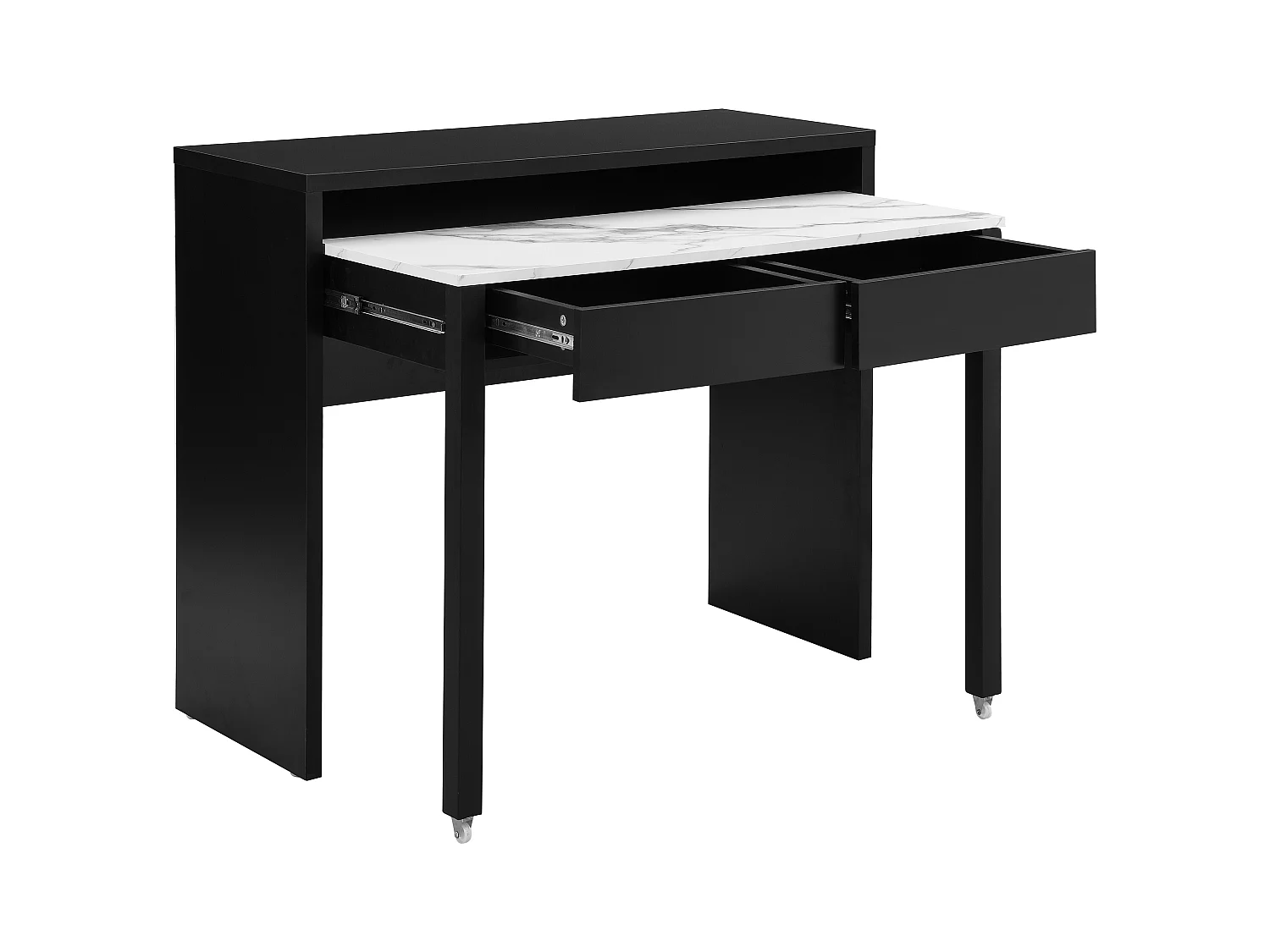 Escritorio consola extensible con 2 cajones - Negro y efecto mármol blanco - LOAVIA