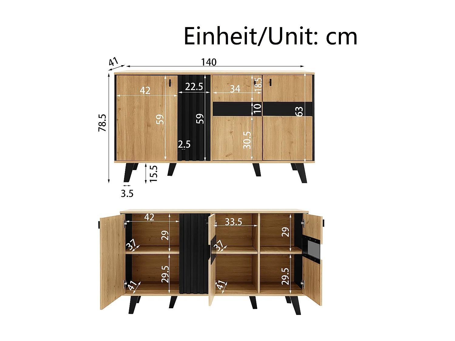 Buffet bas avec LED - 3 portes et 6 compqrtiments - Naturel & Noir