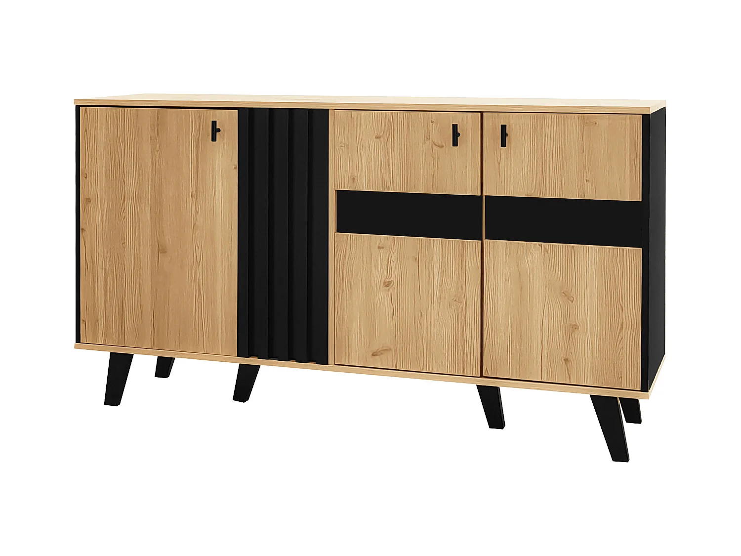 Aparador bajo con LED - 3 puertas y 6 compartimentos - Natural y Negro