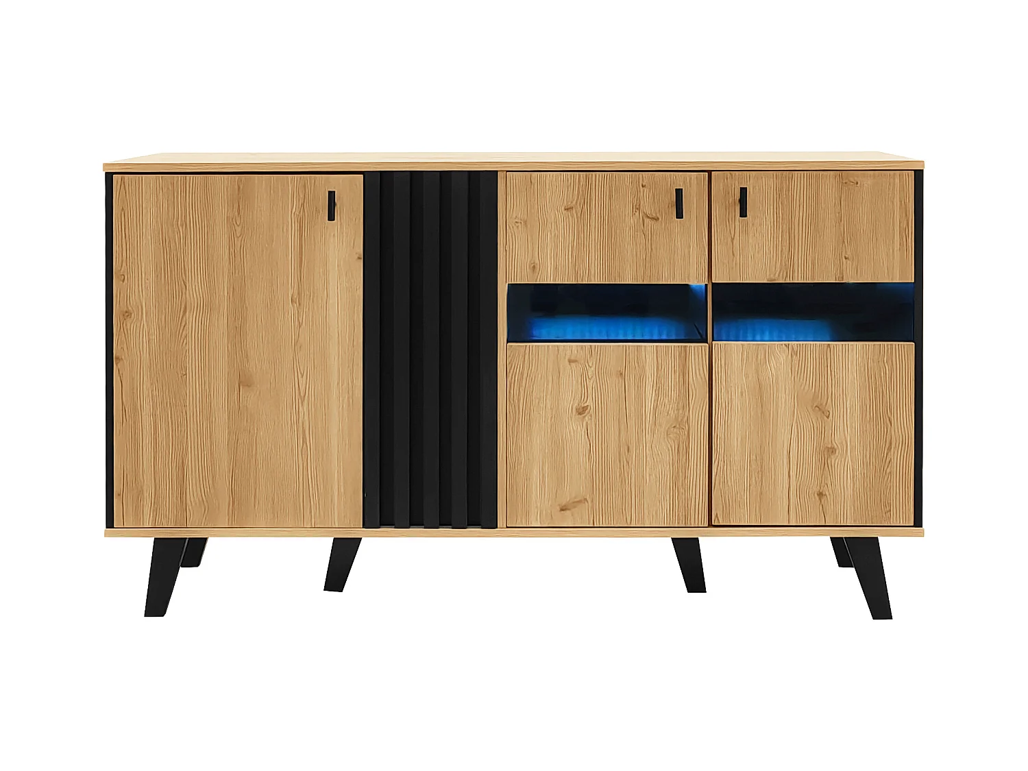 Aparador bajo con LED - 3 puertas y 6 compartimentos - Natural y Negro