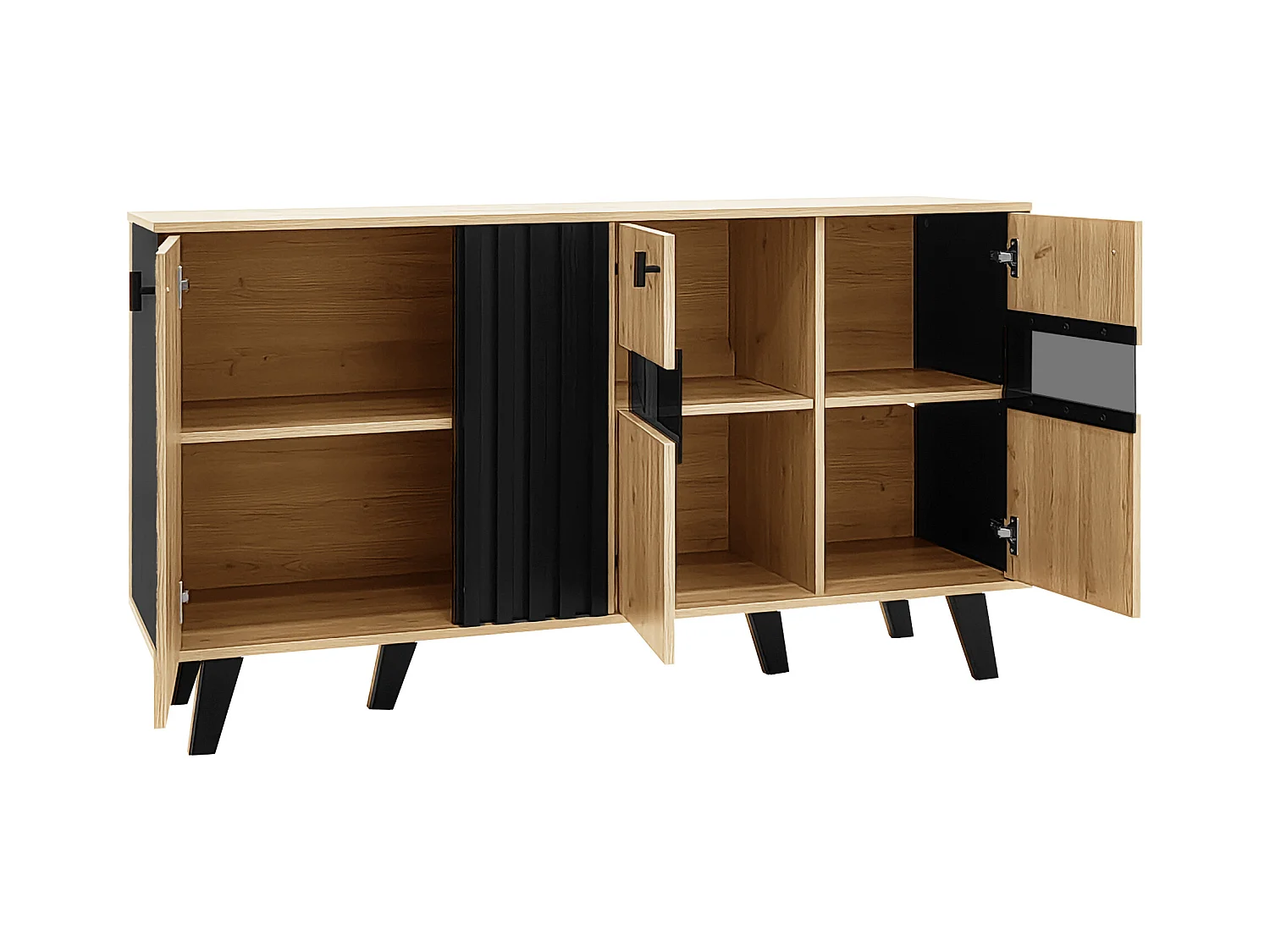 Aparador bajo con LED - 3 puertas y 6 compartimentos - Natural y Negro