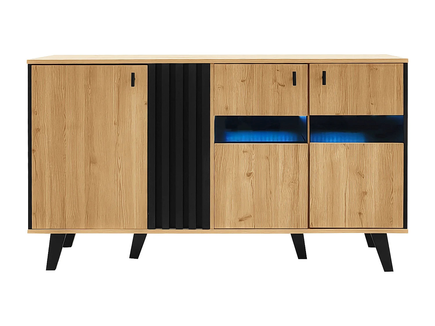 Buffet bas avec LED - 3 portes et 6 compqrtiments - Naturel & Noir