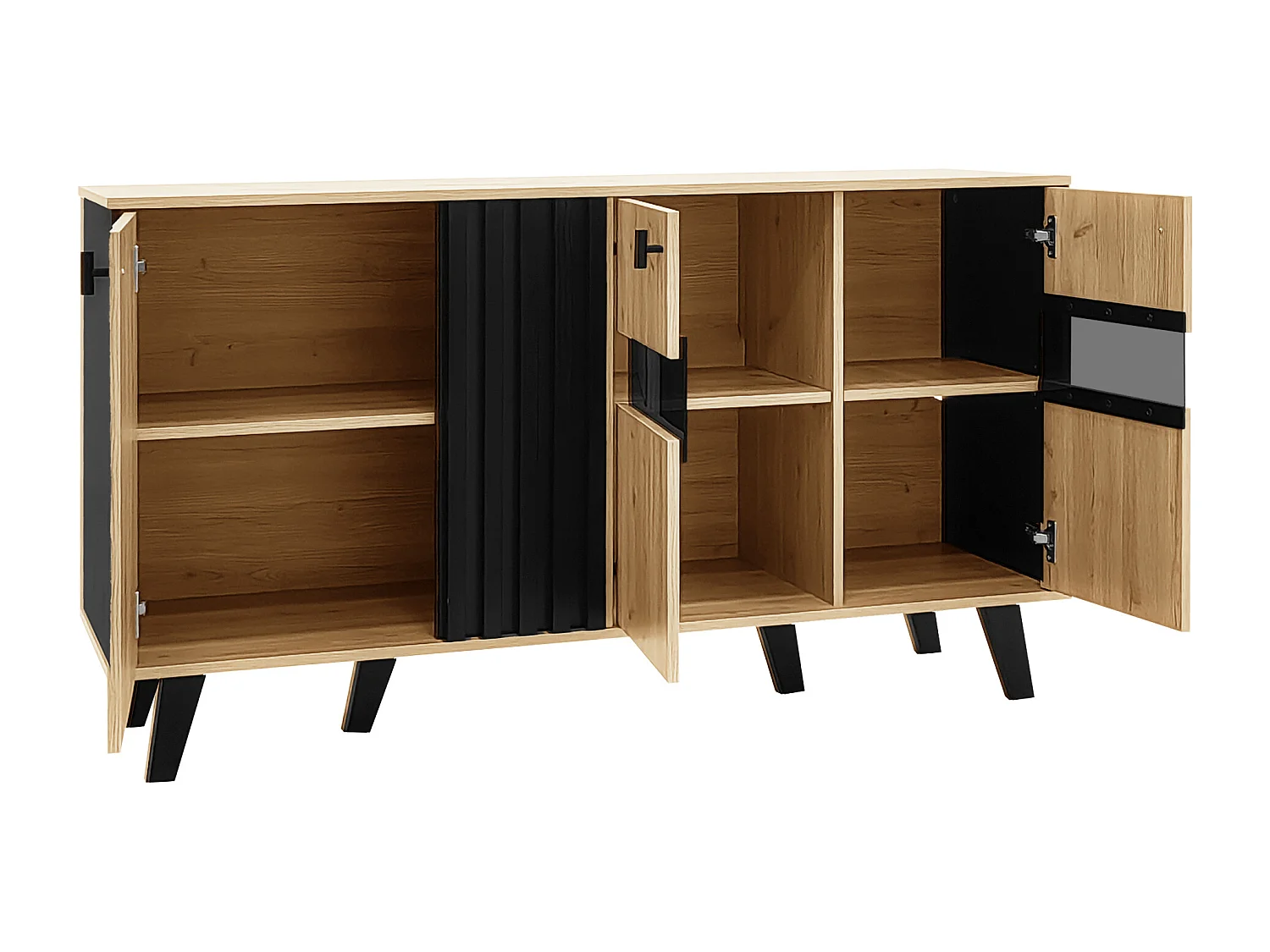 Buffet bas avec LED - 3 portes et 6 compqrtiments - Naturel & Noir