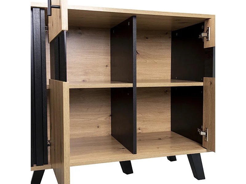 Buffet bas avec LED - 3 portes et 6 compqrtiments - Naturel & Noir