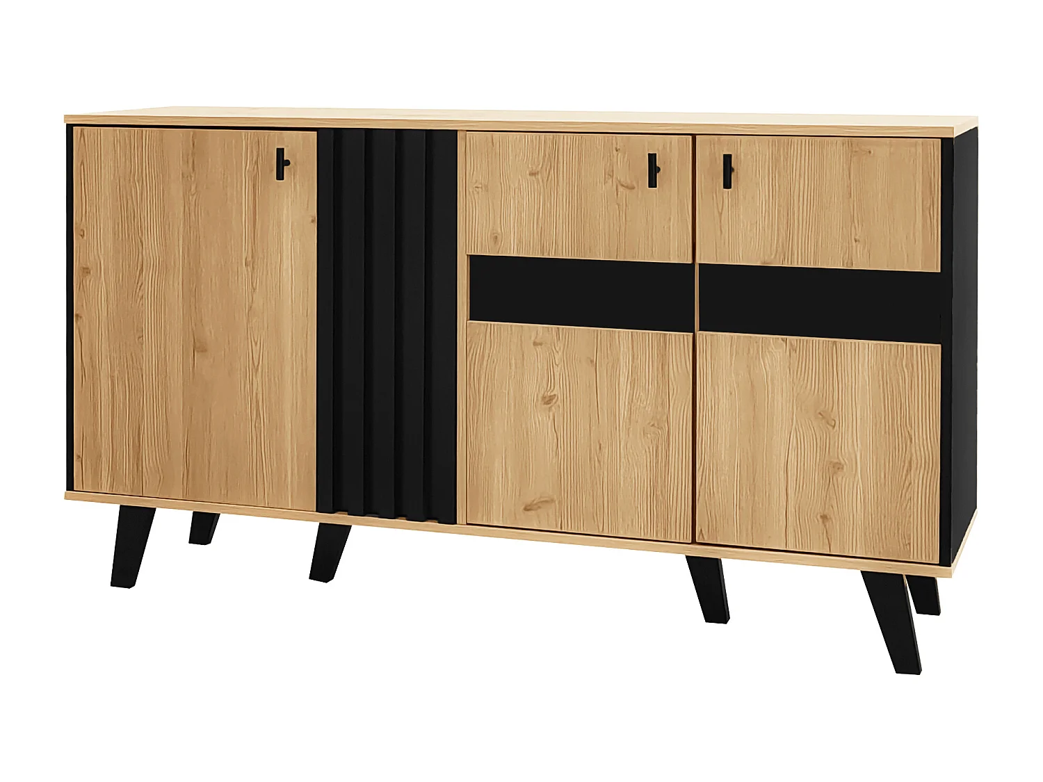 Buffet bas avec LED - 3 portes et 6 compqrtiments - Naturel & Noir