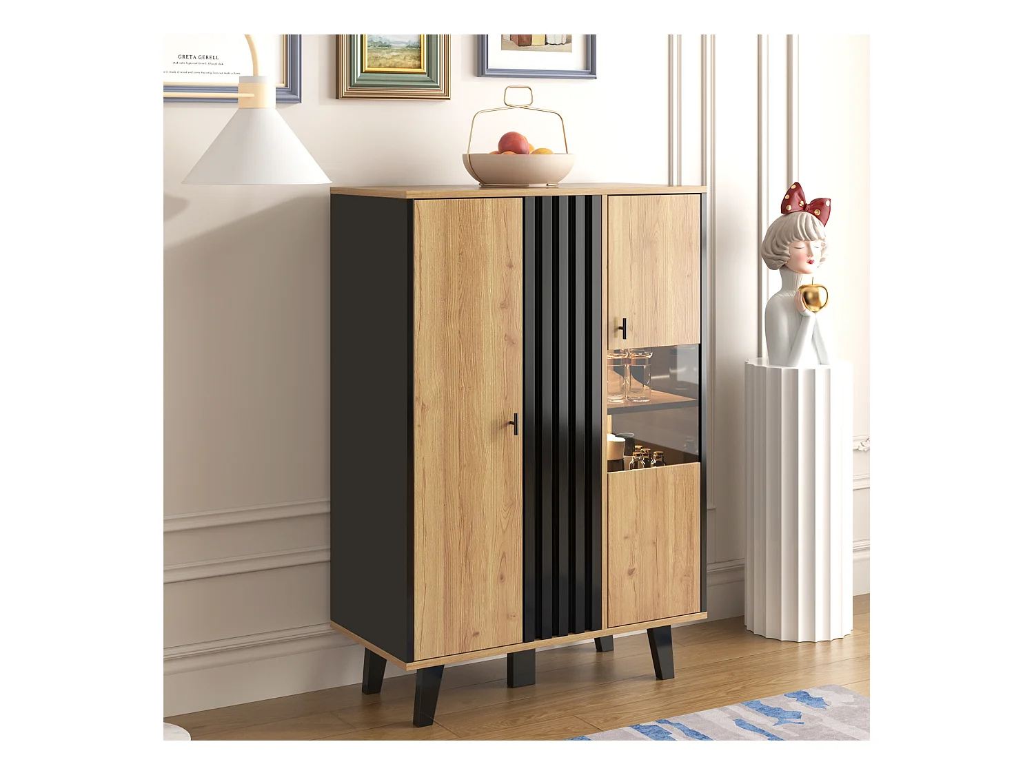 Buffet haut avec éclairage LED interne - 2 portes 8 compartiments - Naturel & Noir