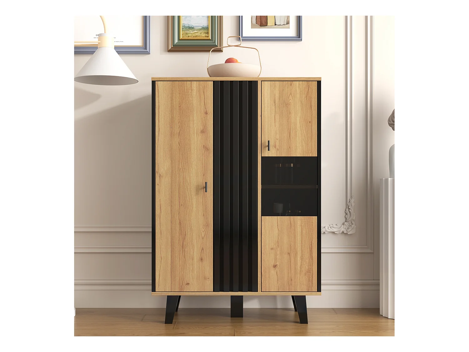 Hohes Sideboard mit interner LED-Beleuchtung – 2 Türen, 8 Fächer – Natur & Schwarz