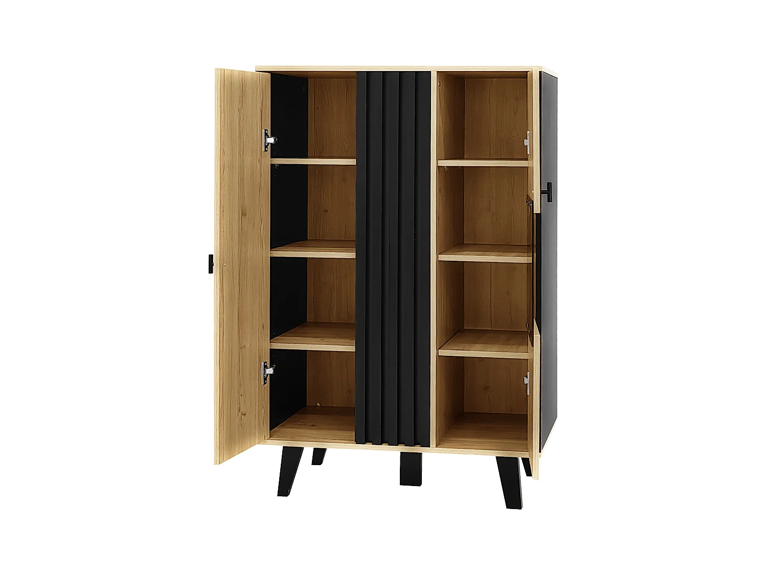 Hohes Sideboard mit interner LED-Beleuchtung – 2 Türen, 8 Fächer – Natur & Schwarz