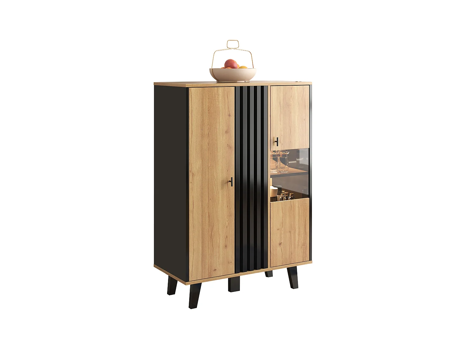 Hohes Sideboard mit interner LED-Beleuchtung – 2 Türen, 8 Fächer – Natur & Schwarz