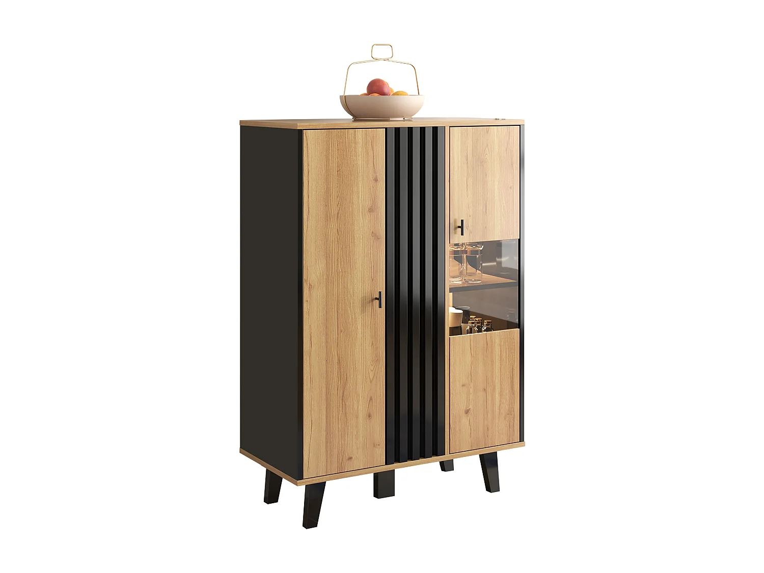 Buffet haut avec éclairage LED interne - 2 portes 8 compartiments - Naturel & Noir