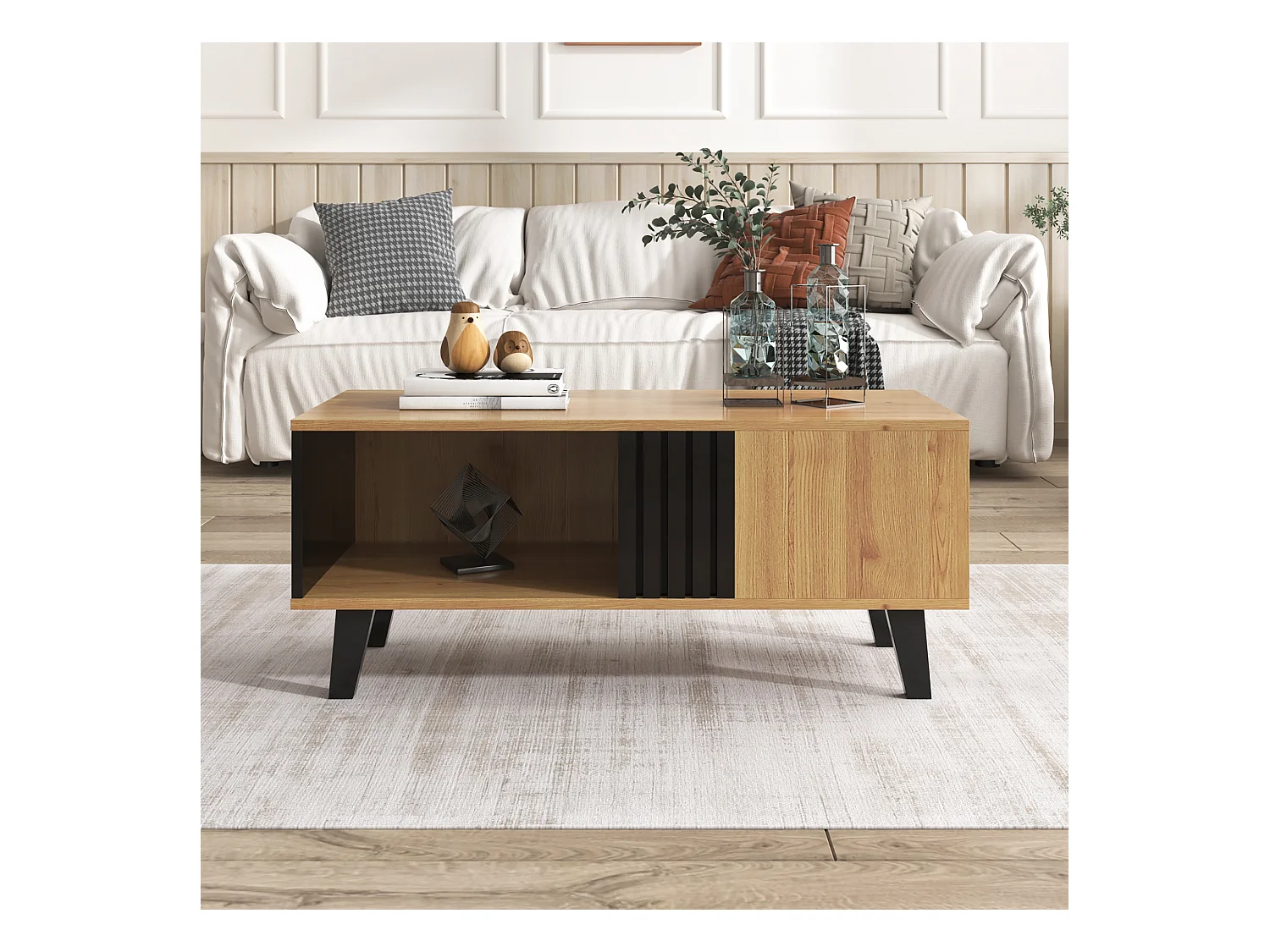 Salontafel met 3 vakken - Naturel & Zwart