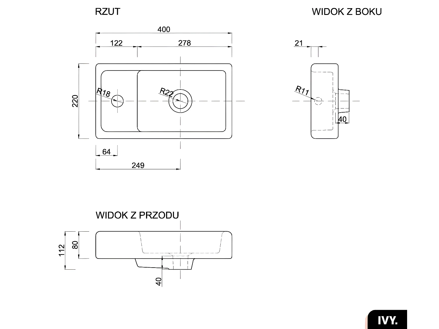 Vasque à encastrer avec siphon OFFERT | IVY | Blanc | 40 × 8 × 22