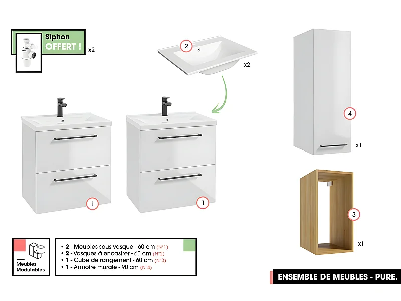 Ensemble complet de salle de bain  - Meubles - Armoire - Cube - Vasques à encastrer avec Siphons OFFERT | PURE | Blanc | 120 x 60 x 45 cm