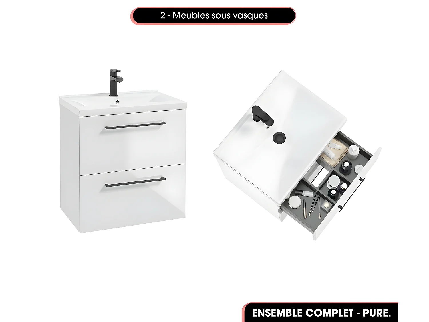 Ensemble complet de salle de bain  - Meubles - Armoire - Cube - Vasques à encastrer avec Siphons OFFERT | PURE | Blanc | 120 x 60 x 45 cm