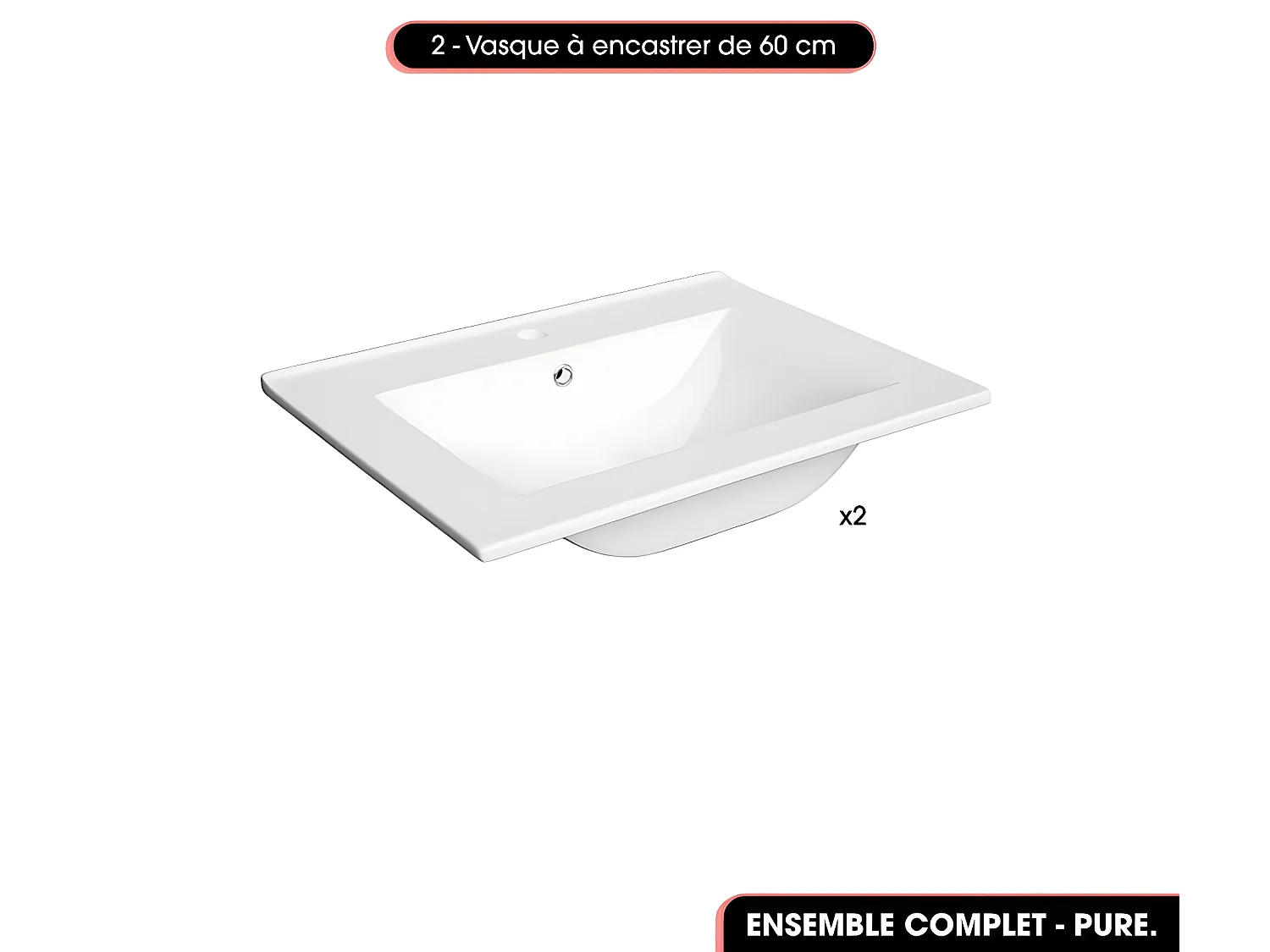 Ensemble complet de salle de bain  - Meubles - Armoire - Cube - Vasques à encastrer avec Siphons OFFERT | PURE | Blanc | 120 x 60 x 45 cm