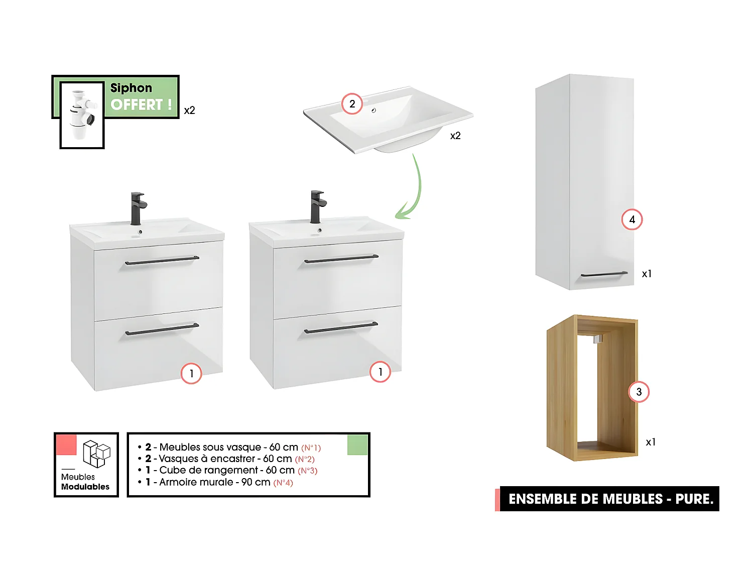 Ensemble complet de salle de bain  - Meubles - Armoire - Cube - Vasques à encastrer avec Siphons OFFERT | PURE | Blanc | 120 x 60 x 45 cm