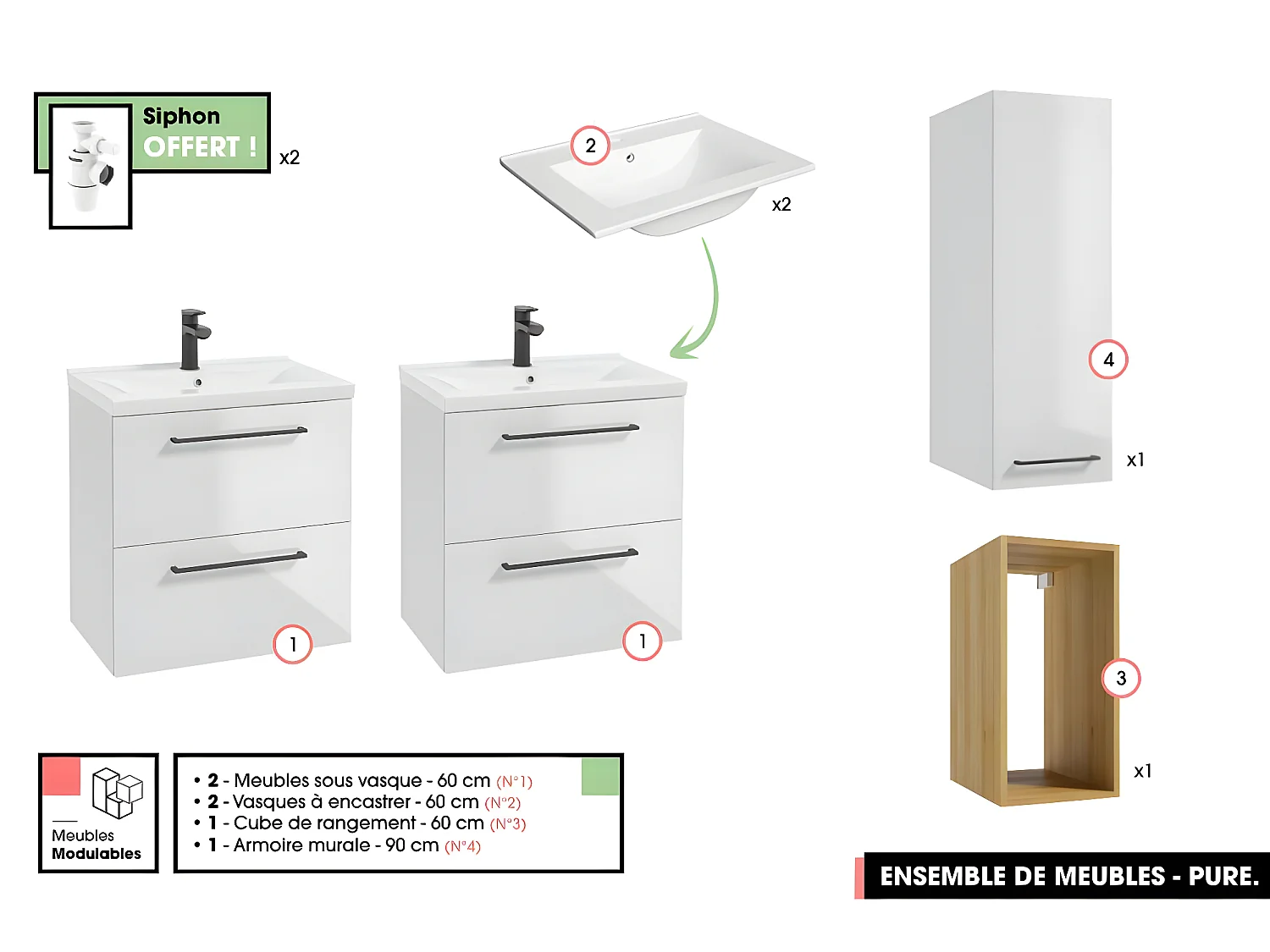 Ensemble complet de salle de bain  - Meubles - Armoire - Cube - Vasques à encastrer avec Siphons OFFERT | PURE | Blanc | 120 x 60 x 45 cm