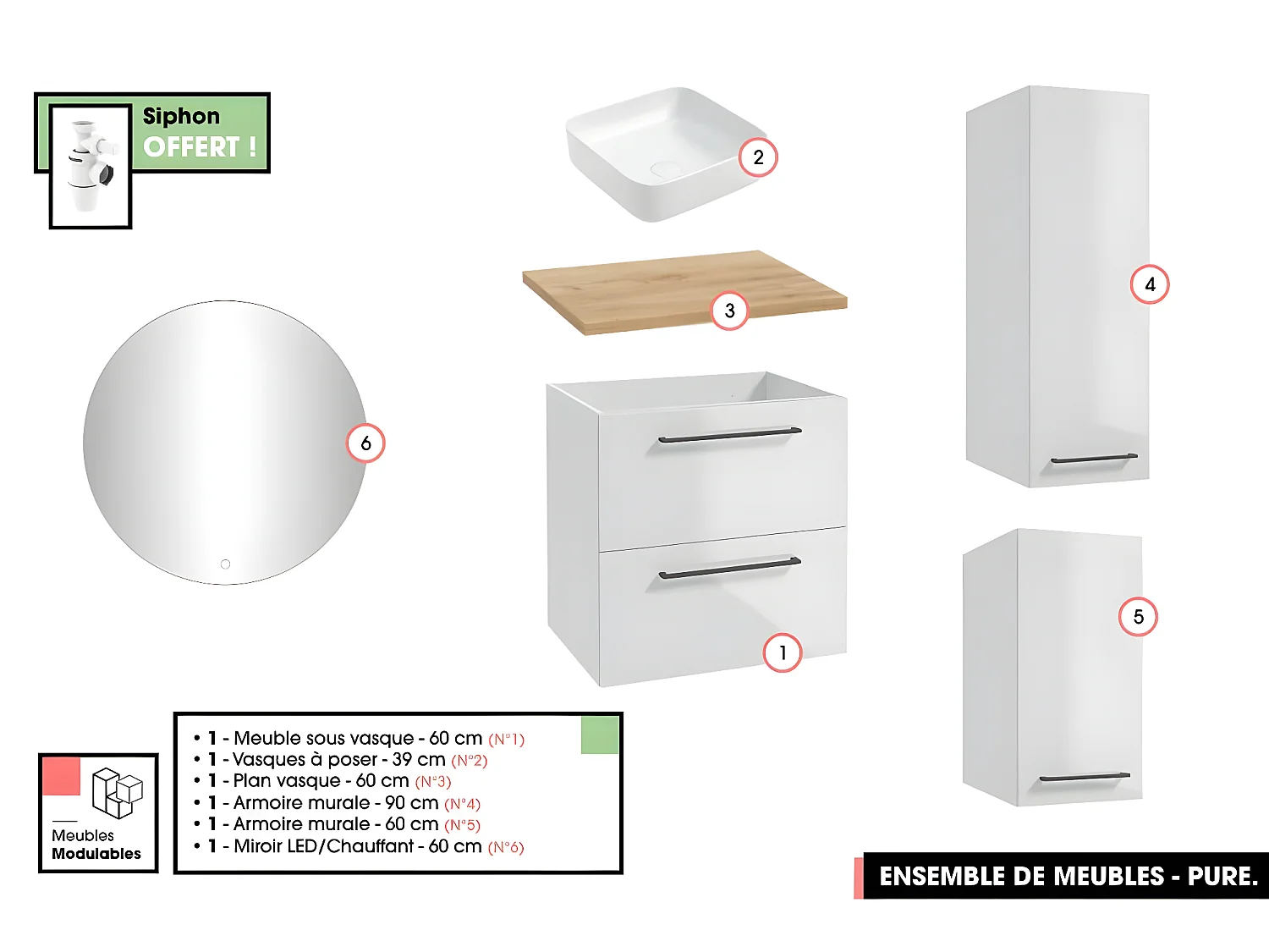 Emsemble complet de salle de bain - Meuble - Armoires - Miroir - Vasque à poser avec Siphon OFFERT | PURE | Blanc | 60 x 60 x 45 cm