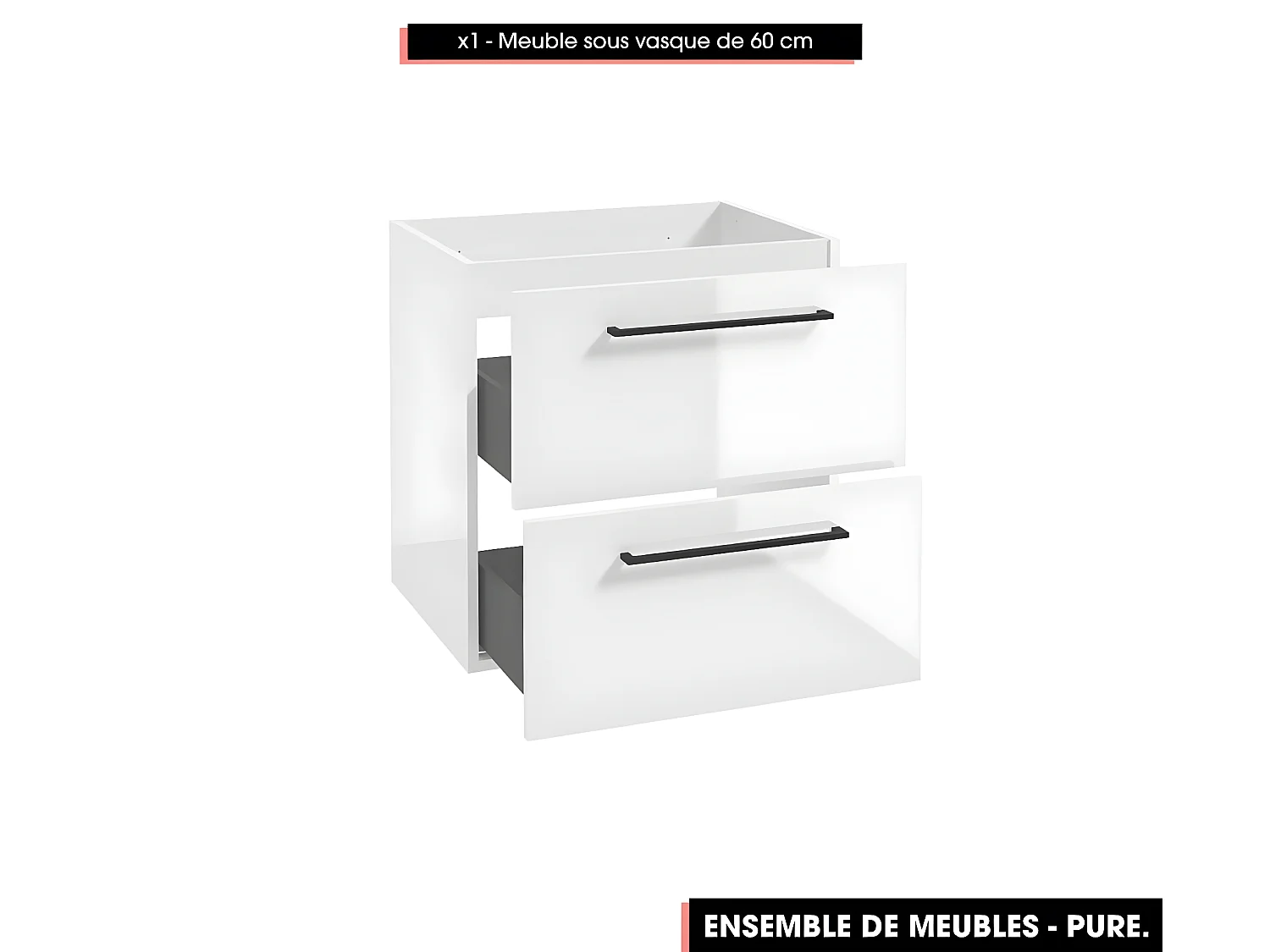 Emsemble complet de salle de bain - Meuble - Armoires - Miroir - Vasque à poser avec Siphon OFFERT | PURE | Blanc | 60 x 60 x 45 cm