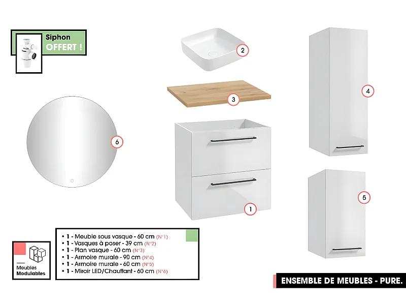 Emsemble complet de salle de bain - Meuble - Armoires - Miroir - Vasque à poser avec Siphon OFFERT | PURE | Blanc | 60 x 60 x 45 cm