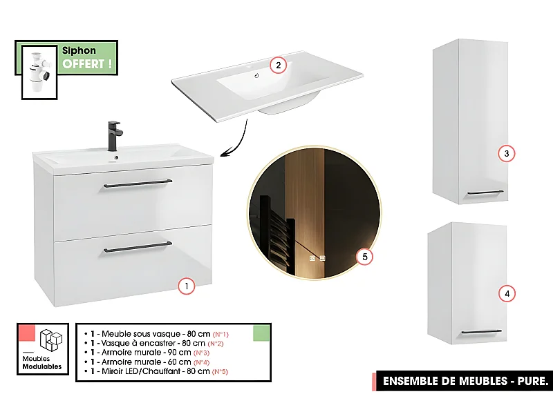 Emsemble complet de salle de bain - Meuble - Armoires - Miroir - Vasque à encastrer avec Siphon OFFERT | PURE | Blanc | 80 x 60 x 45 cm