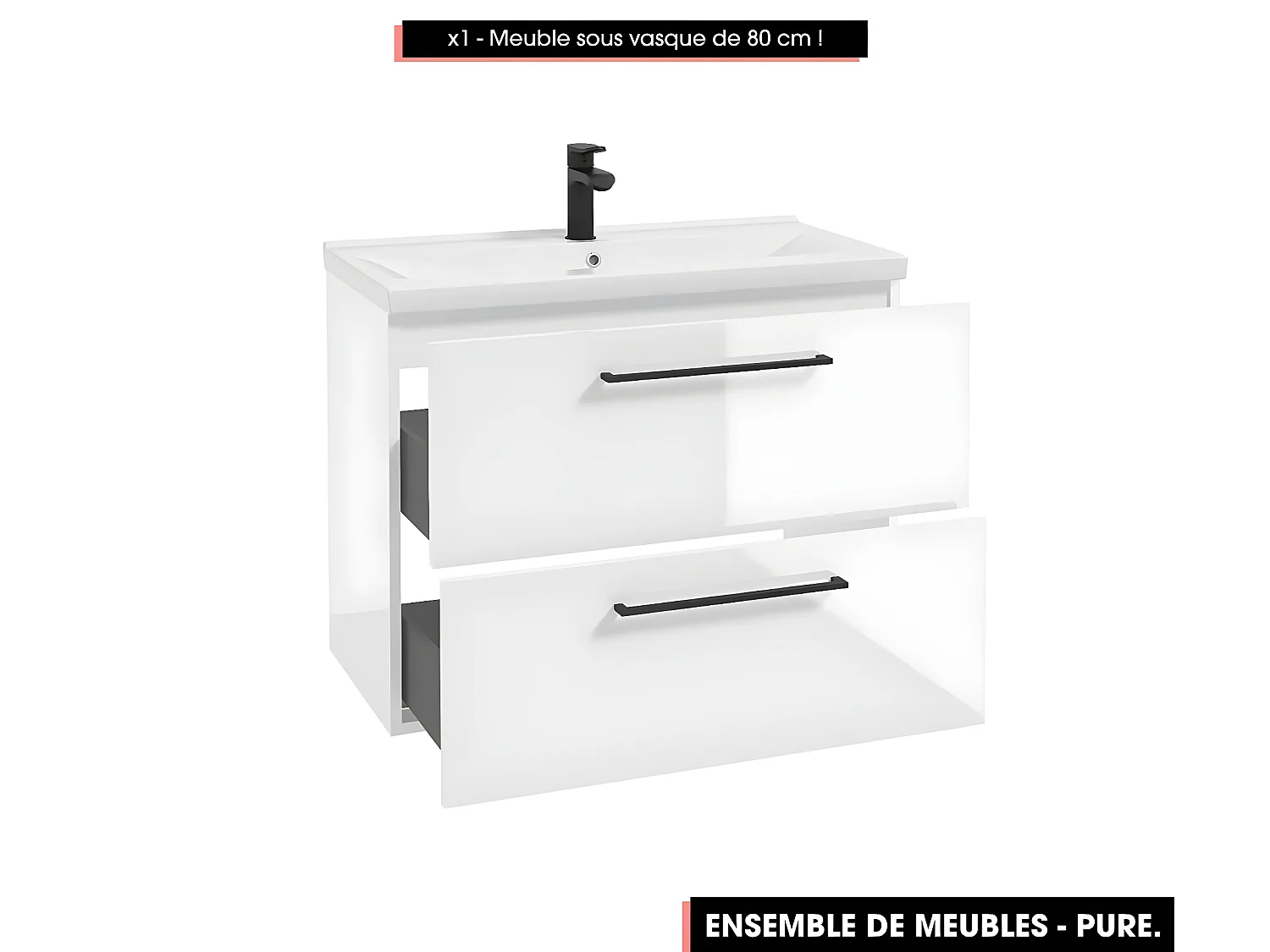 Emsemble complet de salle de bain - Meuble - Armoires - Miroir - Vasque à encastrer avec Siphon OFFERT | PURE | Blanc | 80 x 60 x 45 cm