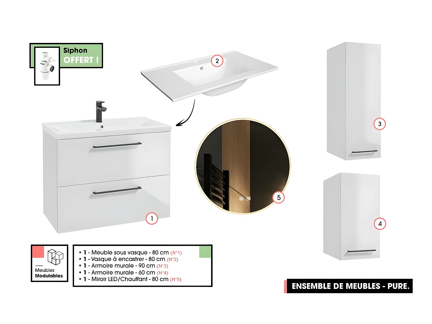 Emsemble complet de salle de bain - Meuble - Armoires - Miroir - Vasque à encastrer avec Siphon OFFERT | PURE | Blanc | 80 x 60 x 45 cm