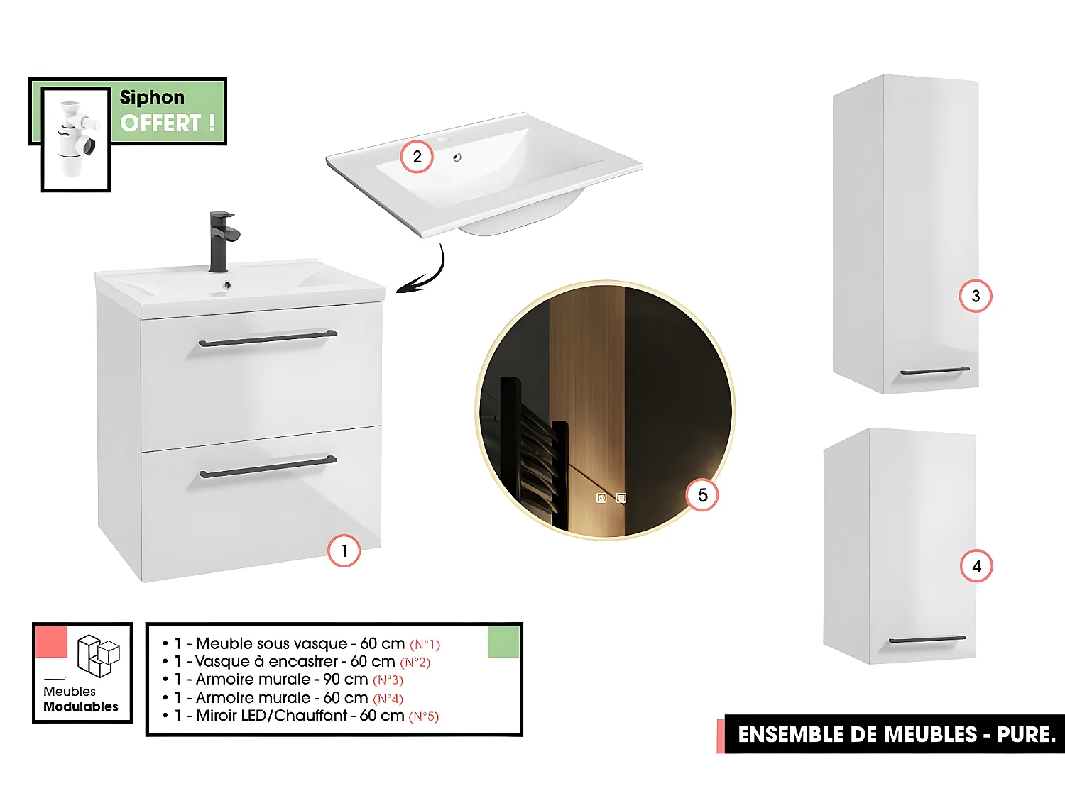 Emsemble complet de salle de bain - Meuble - Armoires - Miroir - Vasque à encastrer avec Siphon OFFERT | PURE | Blanc | 60 x 60 x 45 cm