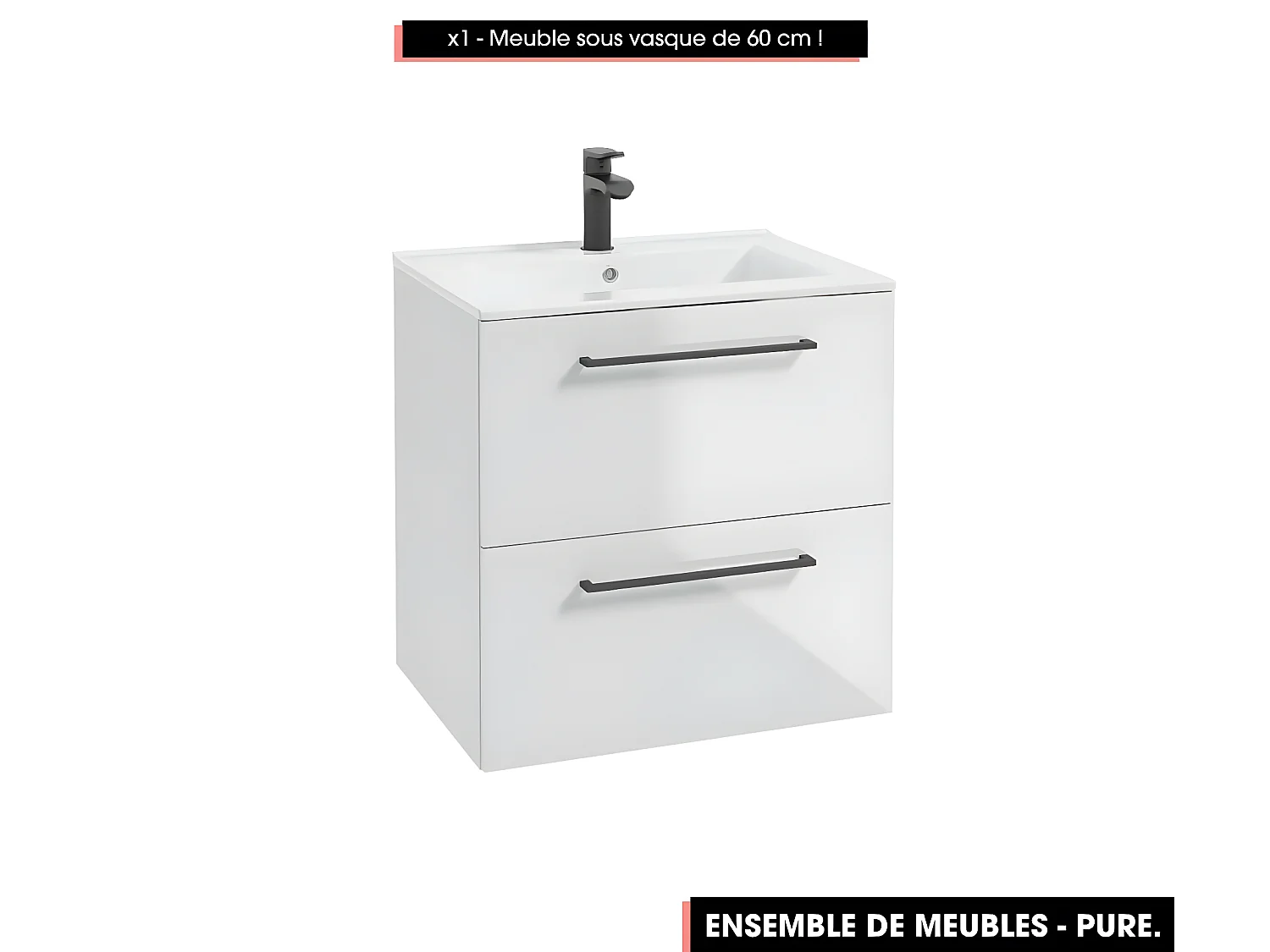 Emsemble complet de salle de bain - Meuble - Armoires - Miroir - Vasque à encastrer avec Siphon OFFERT | PURE | Blanc | 60 x 60 x 45 cm