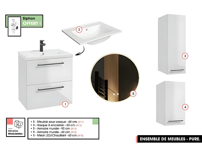 Emsemble complet de salle de bain - Meuble - Armoires - Miroir - Vasque à encastrer avec Siphon OFFERT | PURE | Blanc | 60 x 60 x 45 cm