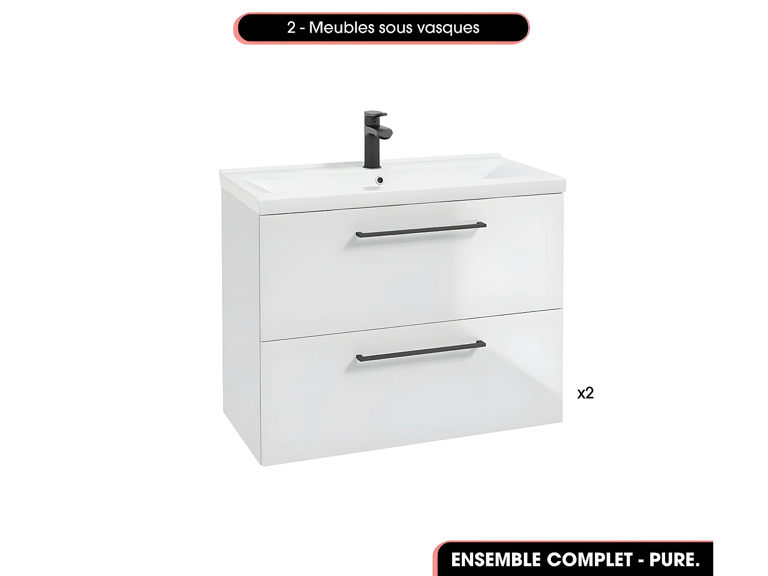 Ensemble complet de salle de bain  - Meubles - Armoire - Cube - Vasques à encastrer avec Siphons OFFERT | PURE | Noir | 160 x 60 x 45 cm