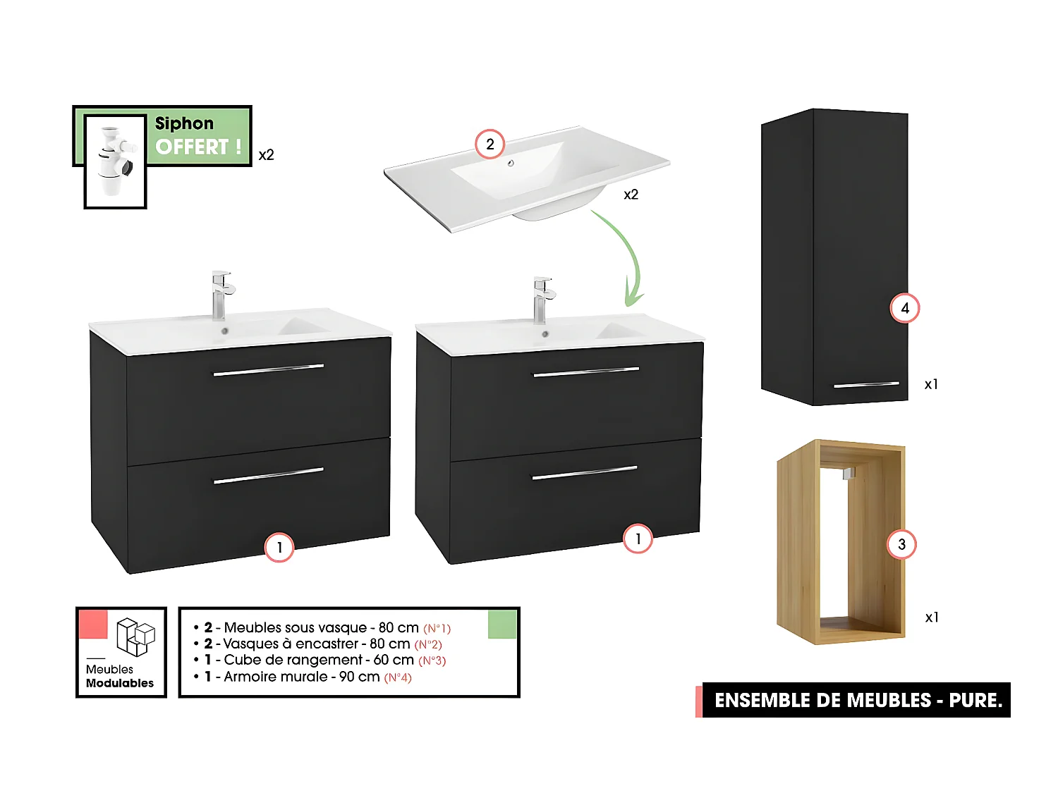 Ensemble complet de salle de bain  - Meubles - Armoire - Cube - Vasques à encastrer avec Siphons OFFERT | PURE | Noir | 160 x 60 x 45 cm