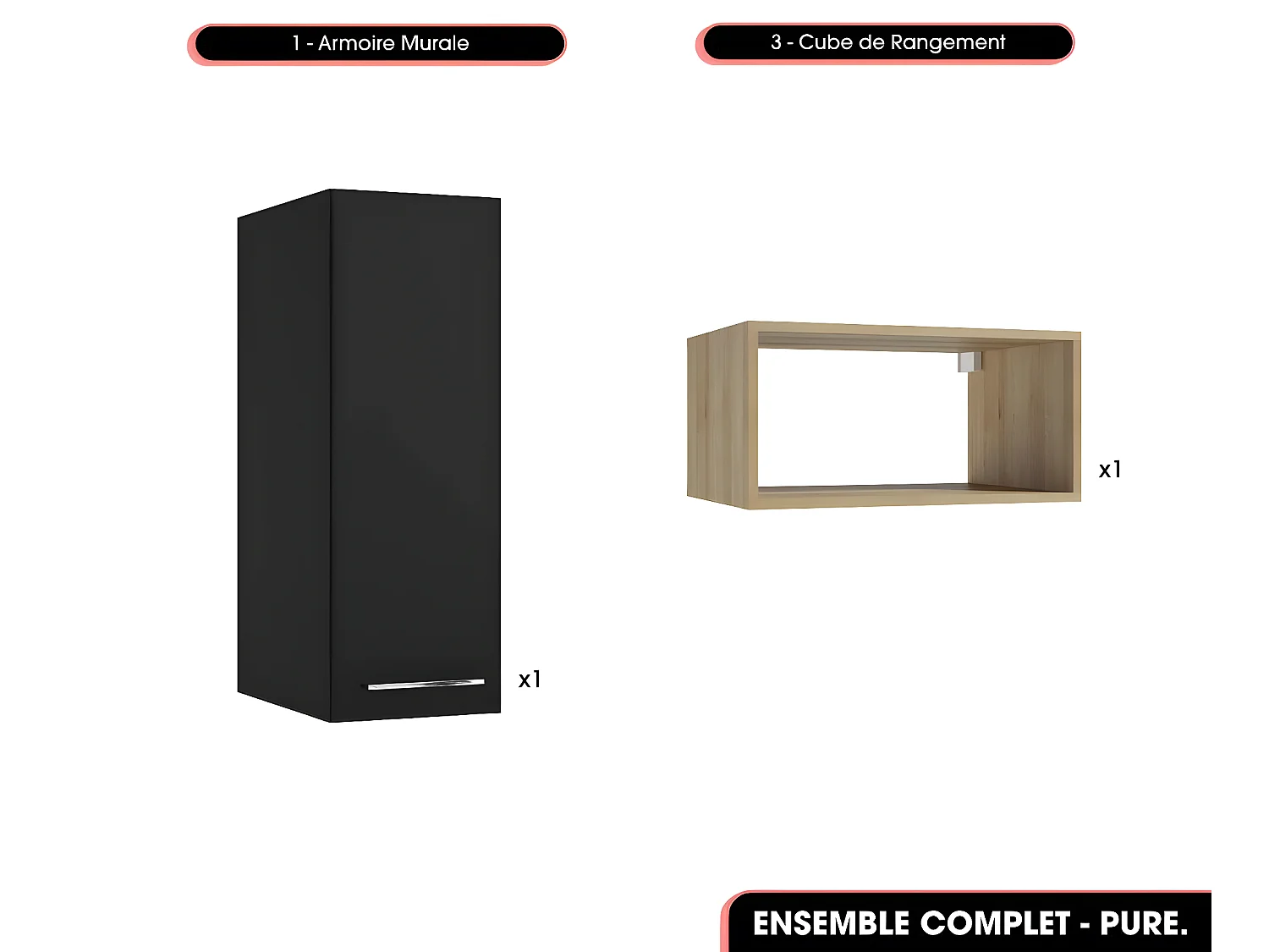Ensemble complet de salle de bain  - Meubles - Armoire - Cube - Vasques à encastrer avec Siphons OFFERT | PURE | Noir | 160 x 60 x 45 cm