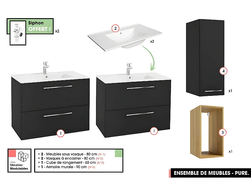 Ensemble complet de salle de bain  - Meubles - Armoire - Cube - Vasques à encastrer avec Siphons OFFERT | PURE | Noir | 160 x 60 x 45 cm