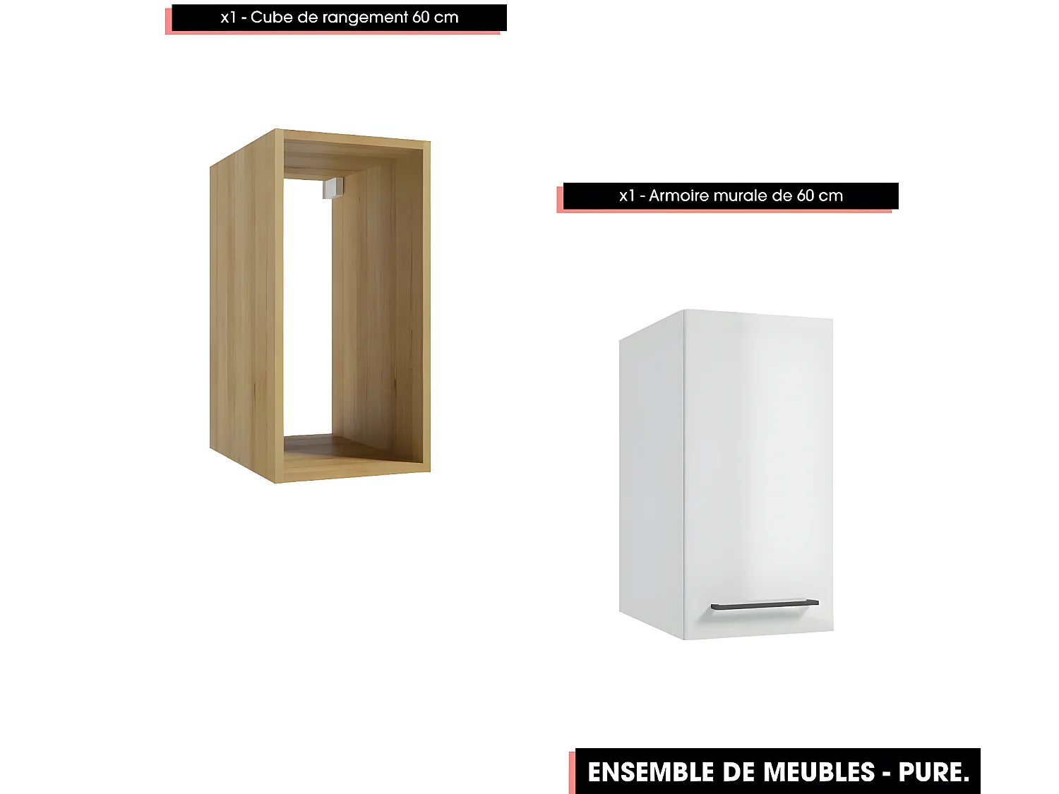 Emsemble complet de salle de bain - Meuble - Armoire - Miroir - Cube - Vasque à poser avec Siphon OFFERT | PURE | Blanc | 60 x 60 x 45 cm