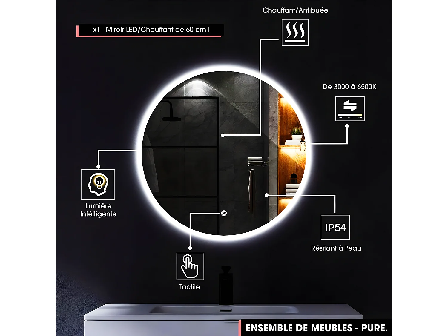 Emsemble complet de salle de bain - Meuble - Armoire - Miroir - Cube - Vasque à poser avec Siphon OFFERT | PURE | Blanc | 60 x 60 x 45 cm
