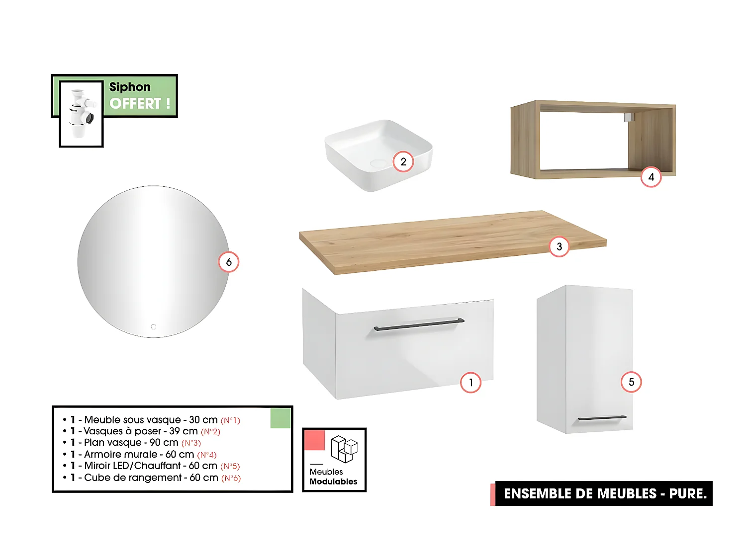 Emsemble complet de salle de bain - Meuble - Armoire - Miroir - Cube - Vasque à poser avec Siphon OFFERT | PURE | Blanc | 60 x 60 x 45 cm
