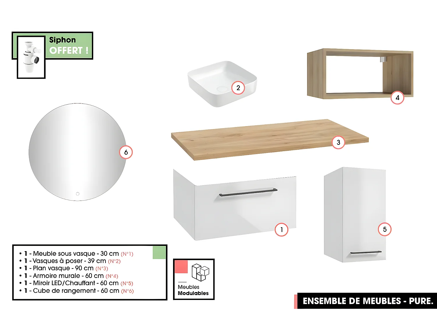 Emsemble complet de salle de bain - Meuble - Armoire - Miroir - Cube - Vasque à poser avec Siphon OFFERT | PURE | Blanc | 60 x 60 x 45 cm