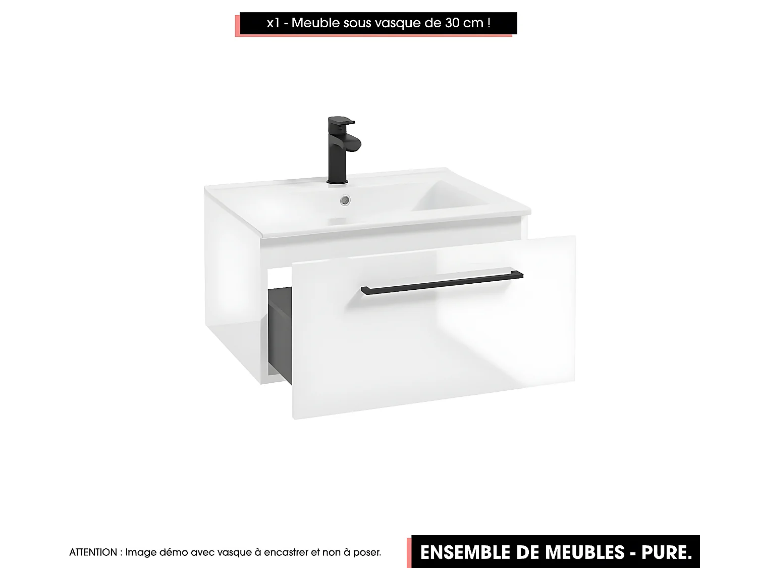 Emsemble complet de salle de bain - Meuble - Armoire - Miroir - Cube - Vasque à poser avec Siphon OFFERT | PURE | Blanc | 60 x 60 x 45 cm