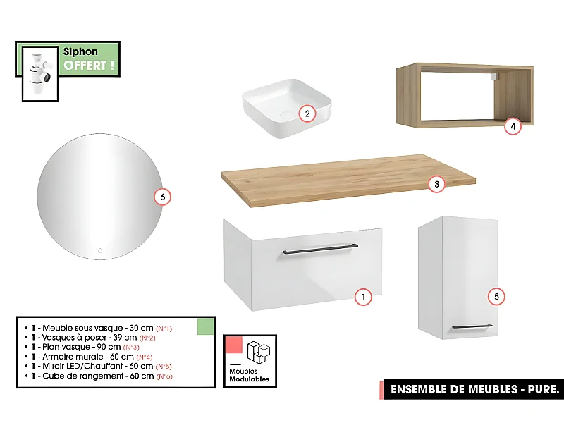 Emsemble complet de salle de bain - Meuble - Armoire - Miroir - Cube - Vasque à poser avec Siphon OFFERT | PURE | Blanc | 60 x 60 x 45 cm