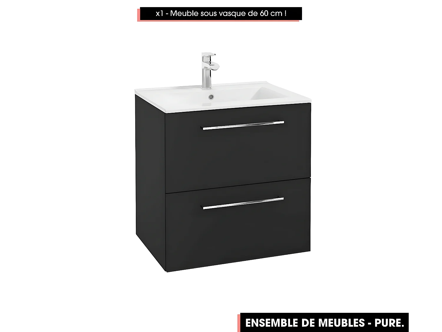 Emsemble complet de salle de bain - Meuble - Armoires - Miroir - Vasque à encastrer avec Siphon OFFERT | PURE | Noir | 60 x 60 x 45 cm