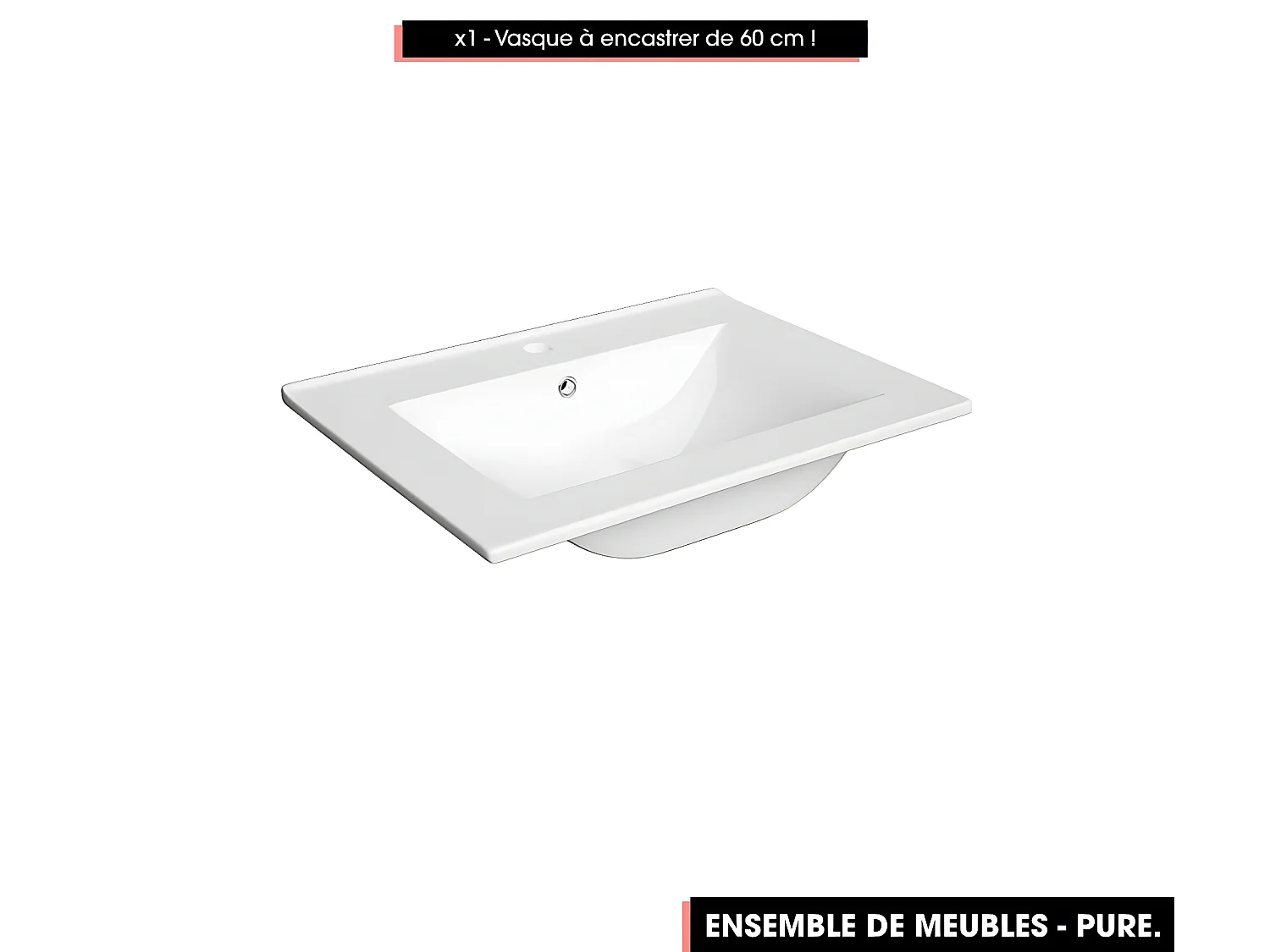 Emsemble complet de salle de bain - Meuble - Armoires - Miroir - Vasque à encastrer avec Siphon OFFERT | PURE | Noir | 60 x 60 x 45 cm
