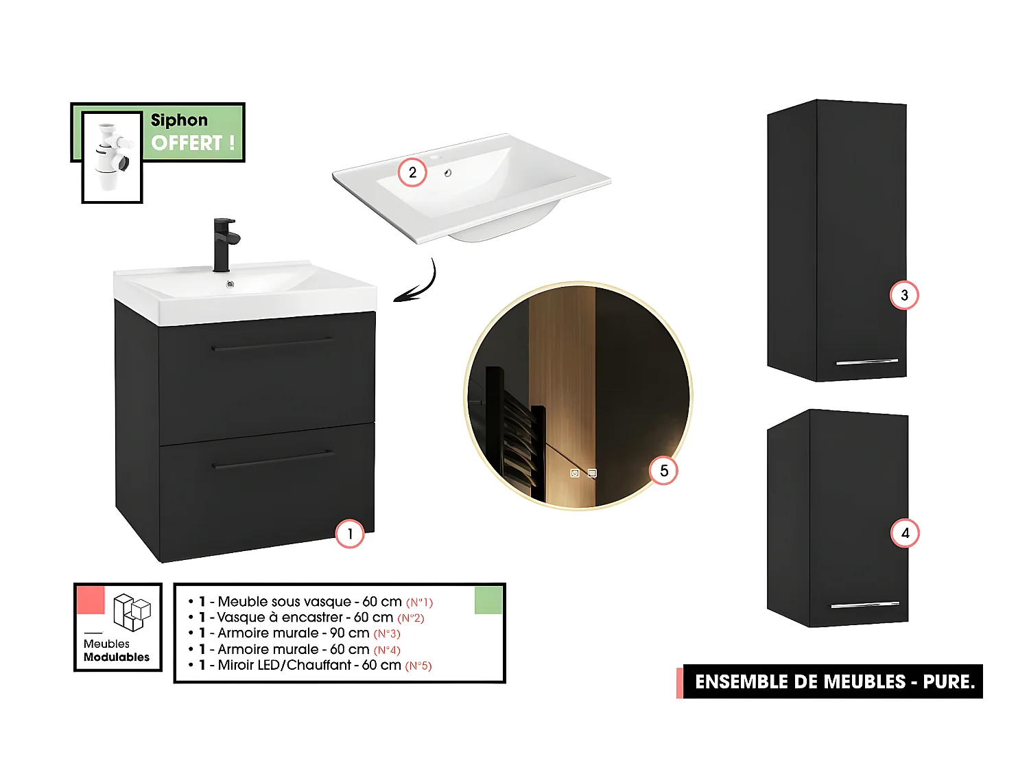 Emsemble complet de salle de bain - Meuble - Armoires - Miroir - Vasque à encastrer avec Siphon OFFERT | PURE | Noir | 60 x 60 x 45 cm