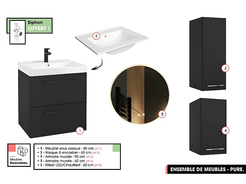 Emsemble complet de salle de bain - Meuble - Armoires - Miroir - Vasque à encastrer avec Siphon OFFERT | PURE | Noir | 60 x 60 x 45 cm